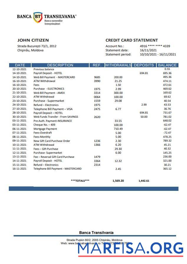 Realistic Moldova Banca Transilvania bank statement word sample